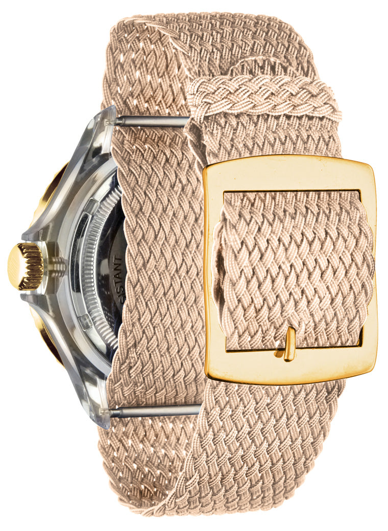 Orologio Light Time The First L217GFN - Quarzo Miyota, cassa policarbonato, cinturino perlon, ghiera oro/marrone, datario, 44mm, 5ATM - Dettaglio