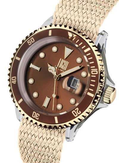 Orologio Light Time The First L217GFN - Quarzo Miyota, cassa policarbonato, cinturino perlon, ghiera oro/marrone, datario, 44mm, 5ATM - Laterale