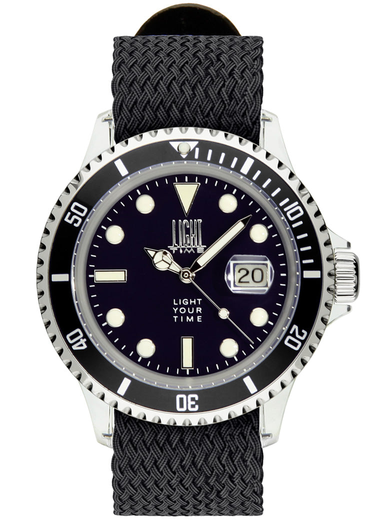 Orologio Light Time The First L218BN - Quarzo Miyota, cassa policarbonato, cinturino perlon, ghiera nera, datario, 38mm, 5ATM - Frontale