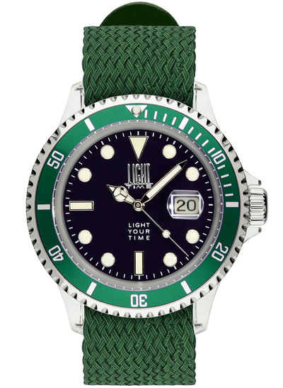 Orologio Light Time The First L218DN - Quarzo Miyota, cassa policarbonato, cinturino perlon, ghiera verde, datario, 38mm, 5ATM - Frontale