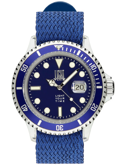 Orologio Light Time The First L218GN - Quarzo Miyota, cassa policarbonato, cinturino perlon, ghiera blu, datario, 38mm, 5ATM - Frontale