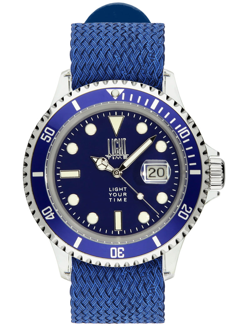 Orologio Light Time The First L218GN - Quarzo Miyota, cassa policarbonato, cinturino perlon, ghiera blu, datario, 38mm, 5ATM - Frontale