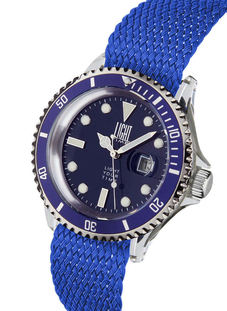 Orologio Light Time The First L218GN - Quarzo Miyota, cassa policarbonato, cinturino perlon, ghiera blu, datario, 38mm, 5ATM - Laterale