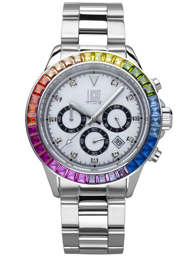 Orologio Light Time Timeless Chrono L242ST-ACC-BI - Cronografo quarzo Miyota, cassa e bracciale acciaio, lunetta con pietre colorate, quadrante bianco, 41mm, 10ATM - Frontale