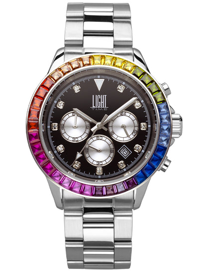 Orologio Light Time Timeless Chrono L242ST-ACC-NE - Cronografo quarzo Miyota, cassa e bracciale acciaio, lunetta con pietre colorate, quadrante nero, 41mm, 10ATM - Frontale