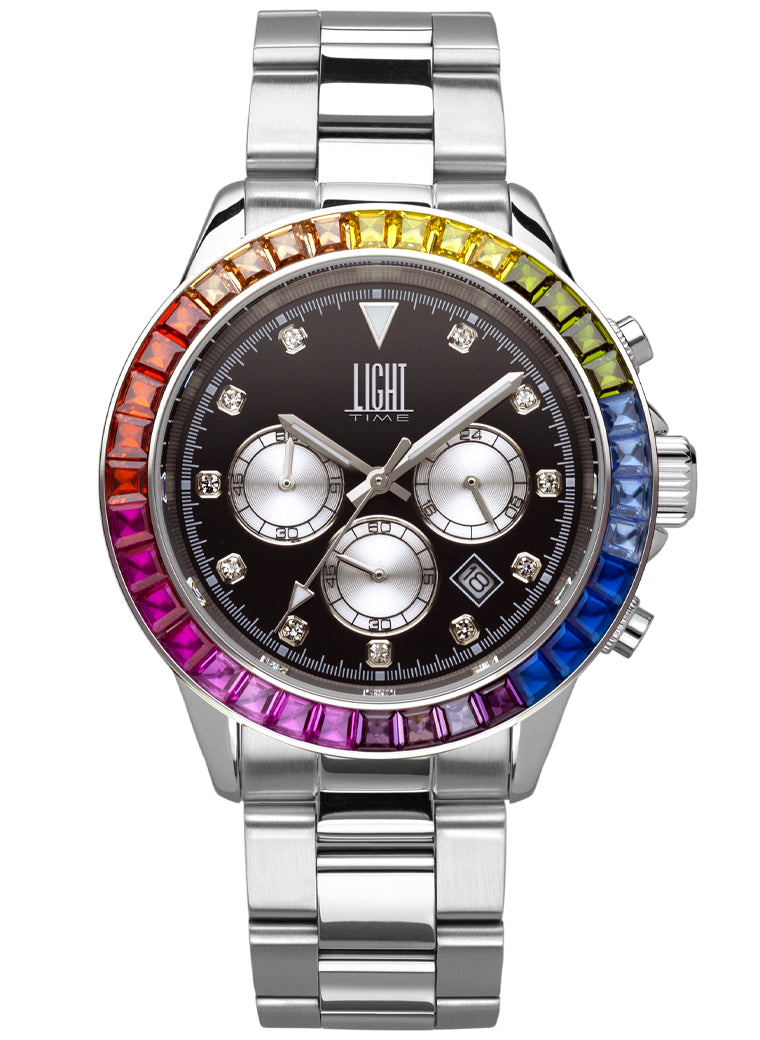 Orologio Light Time Timeless Chrono L242ST-ACC-NE - Cronografo quarzo Miyota, cassa e bracciale acciaio, lunetta con pietre colorate, quadrante nero, 41mm, 10ATM - Frontale