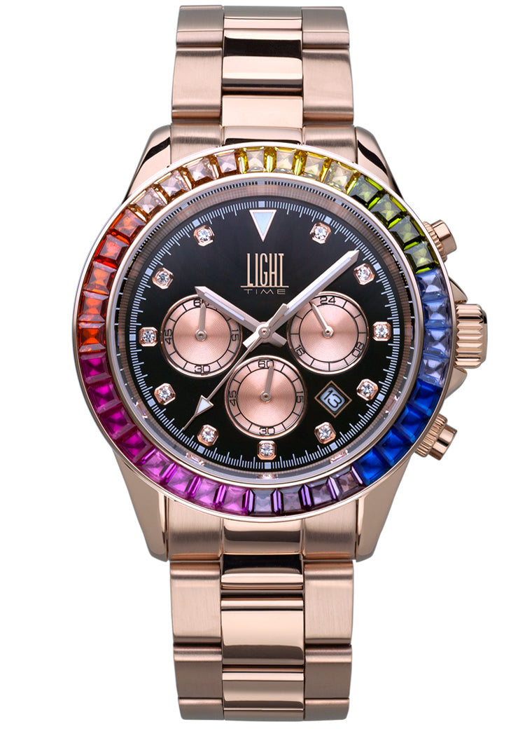 Orologio Light Time Timeless Chrono L242ST-RO-NE - Cronografo quarzo Miyota, cassa e bracciale acciaio rosè, lunetta con pietre colorate, 41mm, 10ATM - Frontale