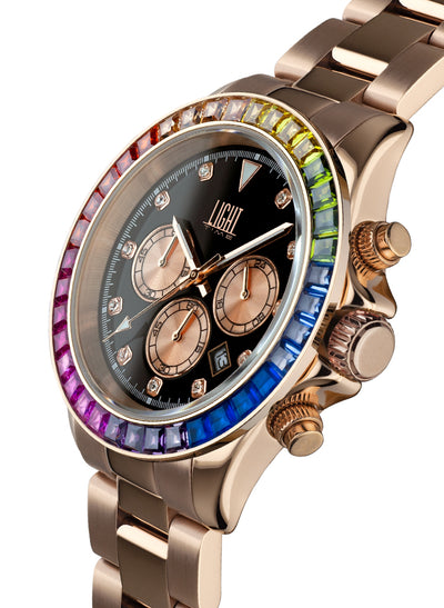 Orologio Light Time Timeless Chrono L242ST-RO-NE - Cronografo quarzo Miyota, cassa e bracciale acciaio rosè, lunetta con pietre colorate, 41mm, 10ATM - Laterale