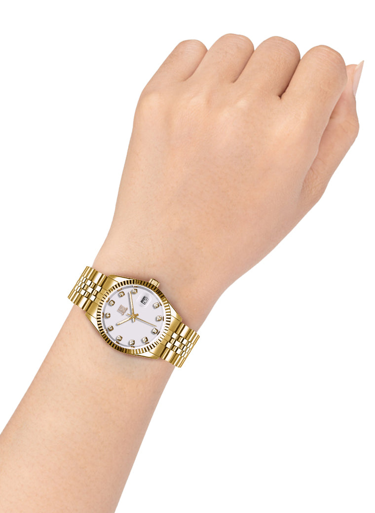Orologio Light Time Timeless Colors L225G-BI - donna quarzo oro cassa bracciale acciaio quadrante nero con strass datario 36mm 5ATM - Dettaglio