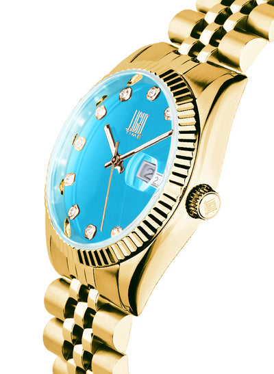 Orologio Light Time Timeless Colors L225G-C-AZ - donna quarzo oro cassa bracciale acciaio quadrante azzurro datario 36mm 5ATM - Laterale