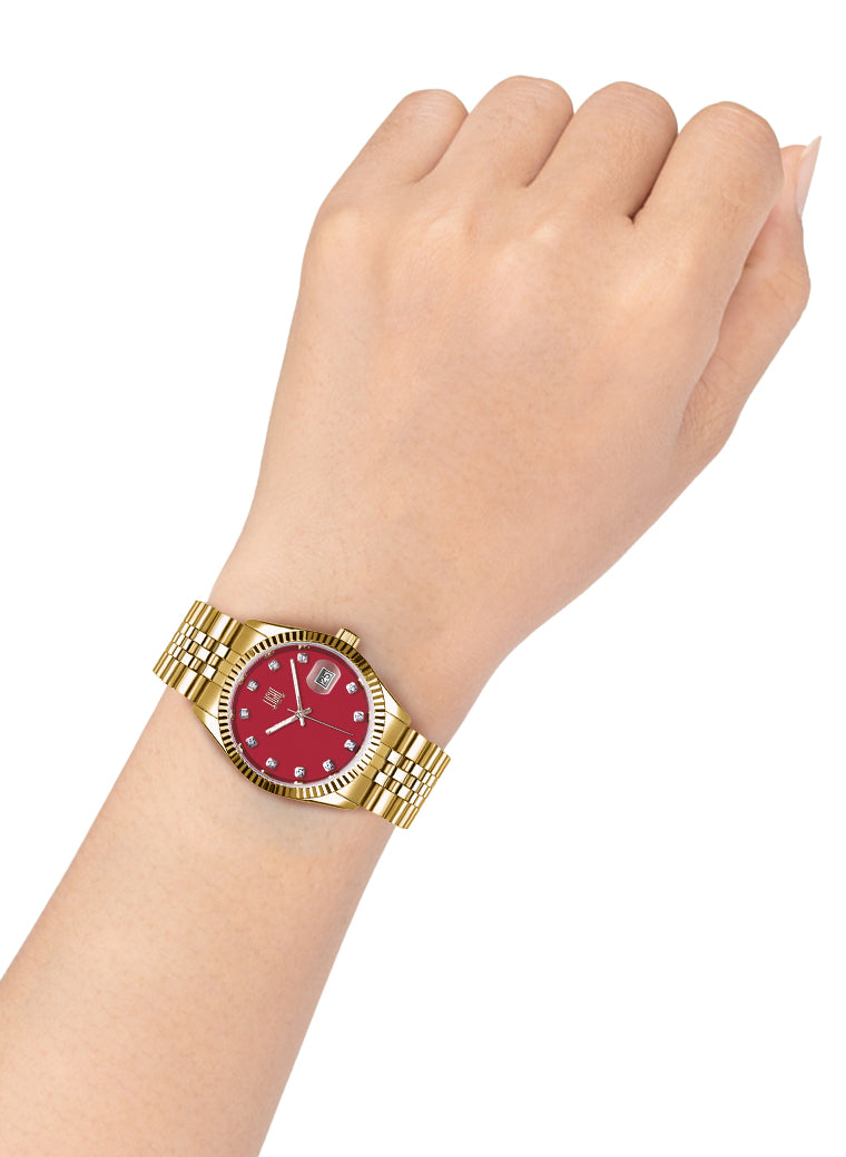 Orologio Light Time Timeless Colors L225G-C-RS - donna quarzo oro cassa bracciale acciaio quadrante rosso datario 36mm 5ATM - Dettaglio