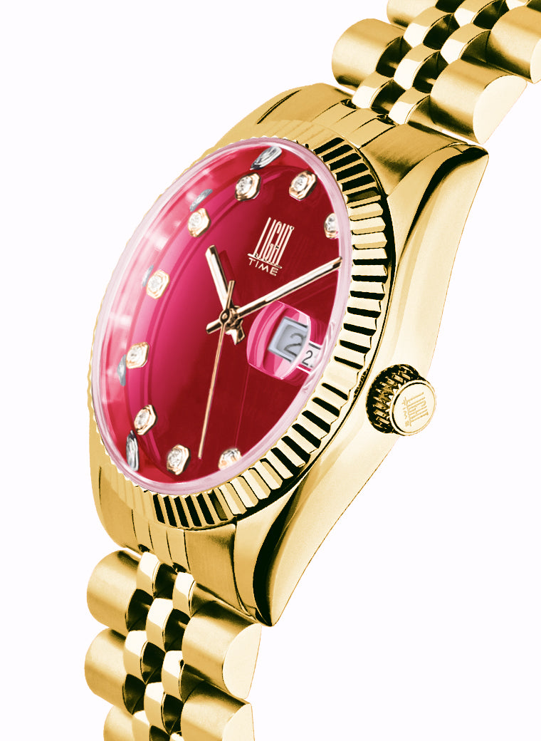 Orologio Light Time Timeless Colors L225G-C-RS - donna quarzo oro cassa bracciale acciaio quadrante rosso datario 36mm 5ATM - Laterale