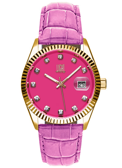 Orologio Light Time Timeless Colors L225GP-FU - donna quarzo oro cassa bracciale acciaio quadrante fucsia datario 36mm 5ATM - Frontale