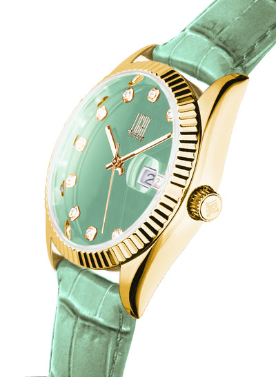 Orologio Light Time Timeless Colors L225GP-TIF - donna quarzo oro cassa bracciale acciaio quadrante verde acqua datario 36mm 5ATM - Laterale
