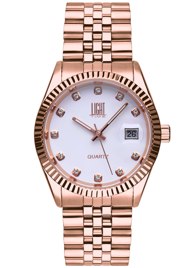 Orologio Light Time Timeless Colors L225R-BI - donna quarzo rose gold cassa bracciale acciaio quadrante bianco con strass datario 36mm 5ATM - Frontale