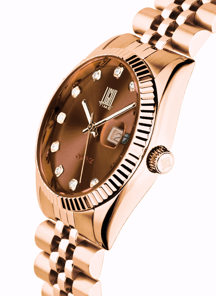 Orologio Light Time Timeless Colors L225R-MA - donna quarzo oro rosè cassa bracciale acciaio quadrante marrone con strass datario 36mm 5ATM - Dettaglio