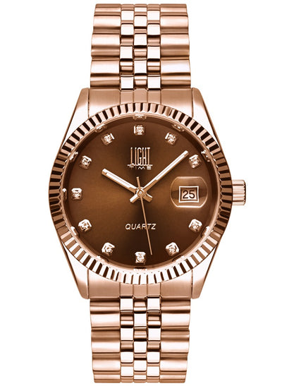 Orologio Light Time Timeless Colors L225R-MA - donna quarzo oro rosè cassa bracciale acciaio quadrante marrone con strass datario 36mm 5ATM - Laterale