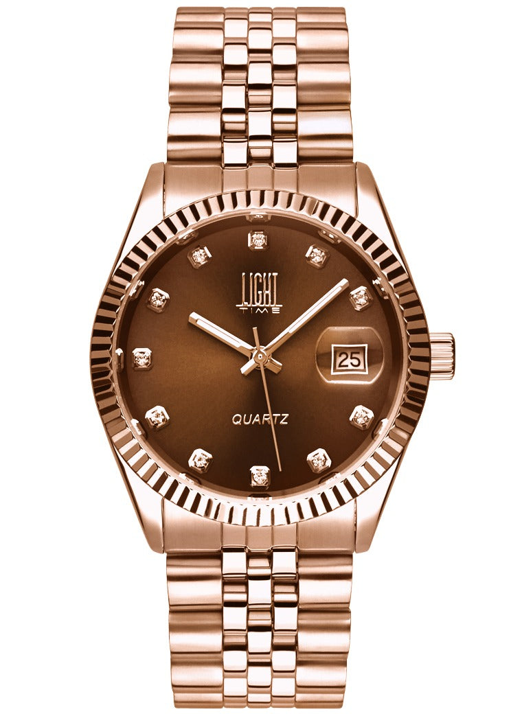 Orologio Light Time Timeless Colors L225R-MA - donna quarzo oro rosè cassa bracciale acciaio quadrante marrone con strass datario 36mm 5ATM - Laterale