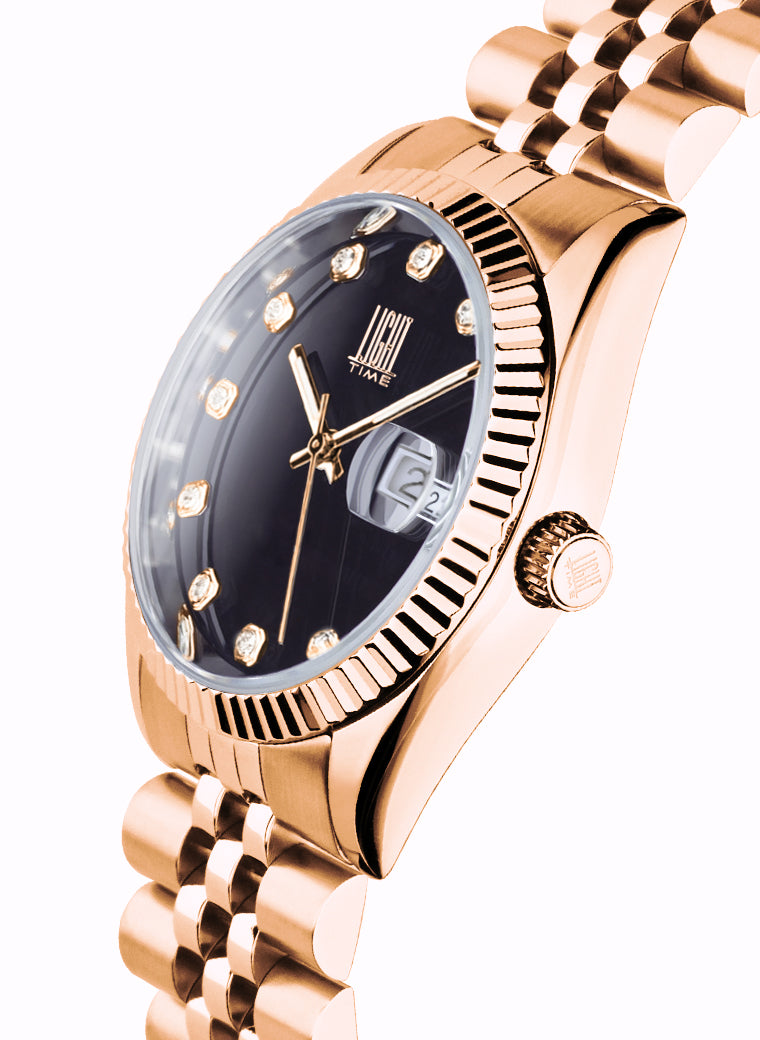 Orologio Light Time Timeless Colors L225R-NE - donna quarzo oro rosè cassa bracciale acciaio quadrante nero con strass datario 36mm 5ATM - Dettaglio