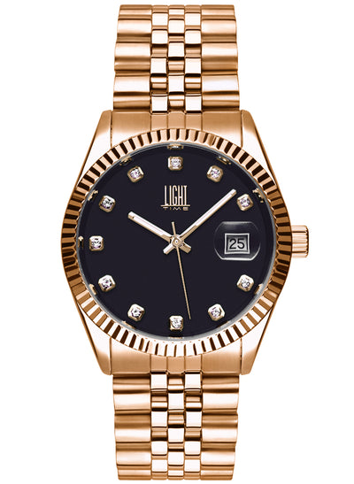 Orologio Light Time Timeless Colors L225R-NE - donna quarzo oro rosè cassa bracciale acciaio quadrante nero con strass datario 36mm 5ATM - Frontale