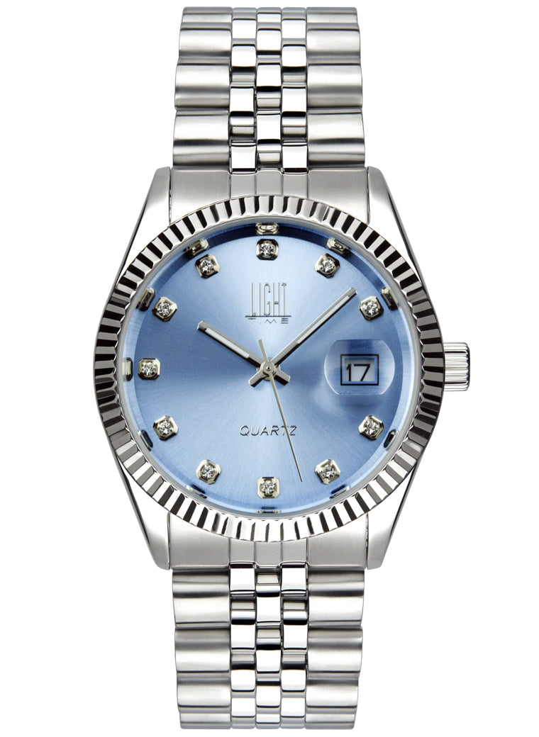 Orologio Light Time Timeless Colors L225S-AZ - donna quarzo cassa bracciale acciaio quadrante azzurro con strass datario 36mm 5ATM - Frontale