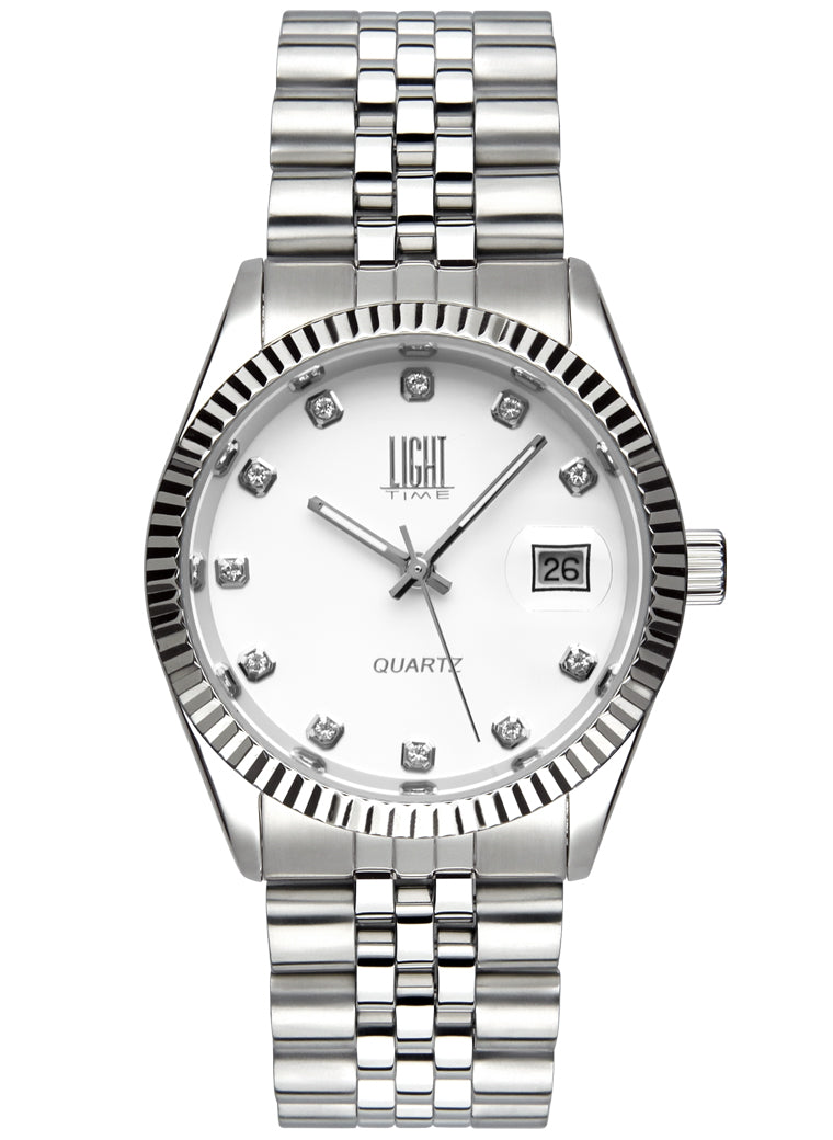 Orologio Light Time Timeless Colors L225S-BI - donna quarzo cassa bracciale acciaio quadrante bianco con strass datario 36mm 5ATM - Frontale