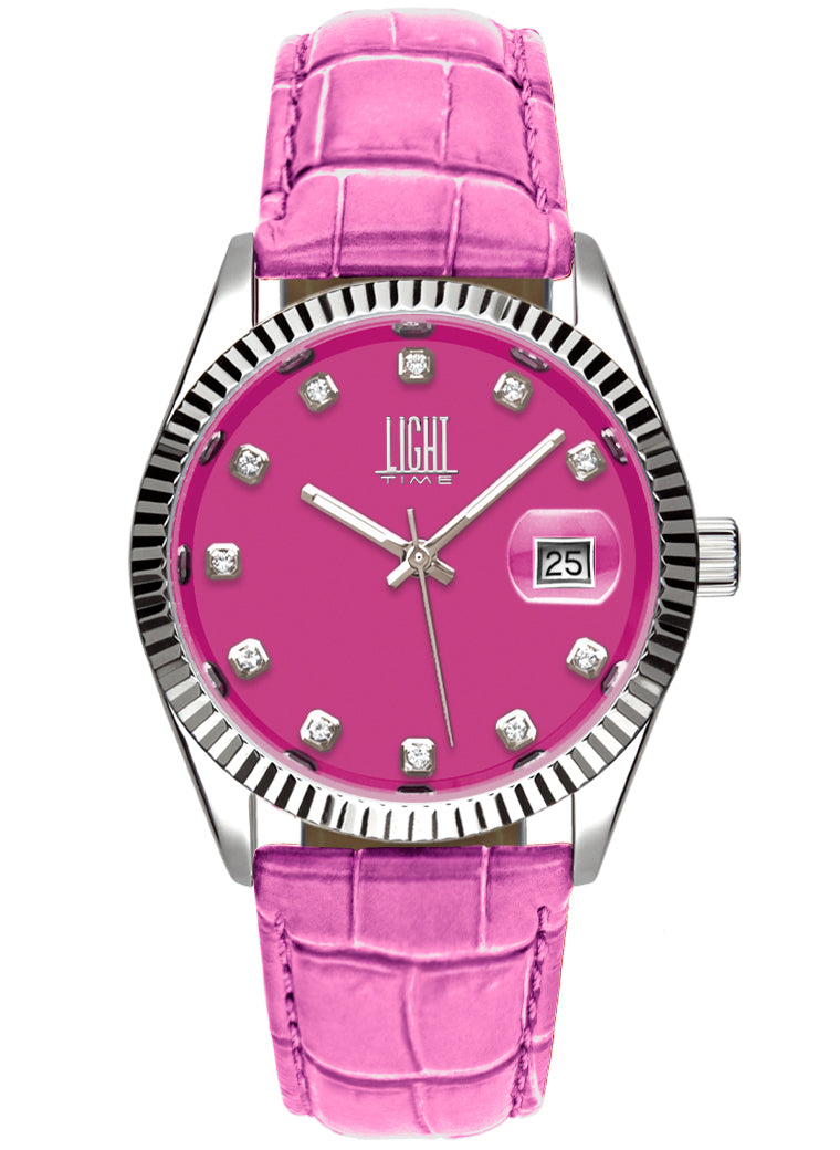 Orologio Light Time Timeless Colors L225SP-FU - donna quarzo cassa acciaio cinturino pelle quadrante fucsia datario 36mm 5ATM - Frontale