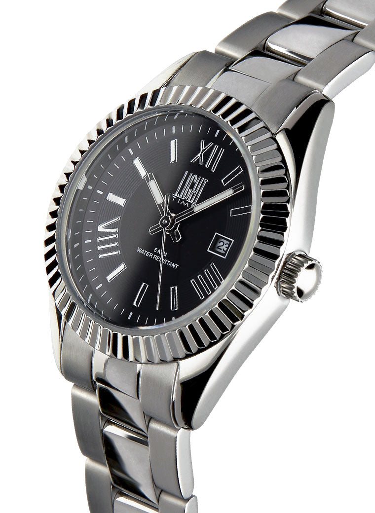 Orologio Light Time Timeless Lady L189S-NE - Quarzo Miyota, cassa e bracciale acciaio, datario, 31mm, 5ATM, quadrante nero - Laterale