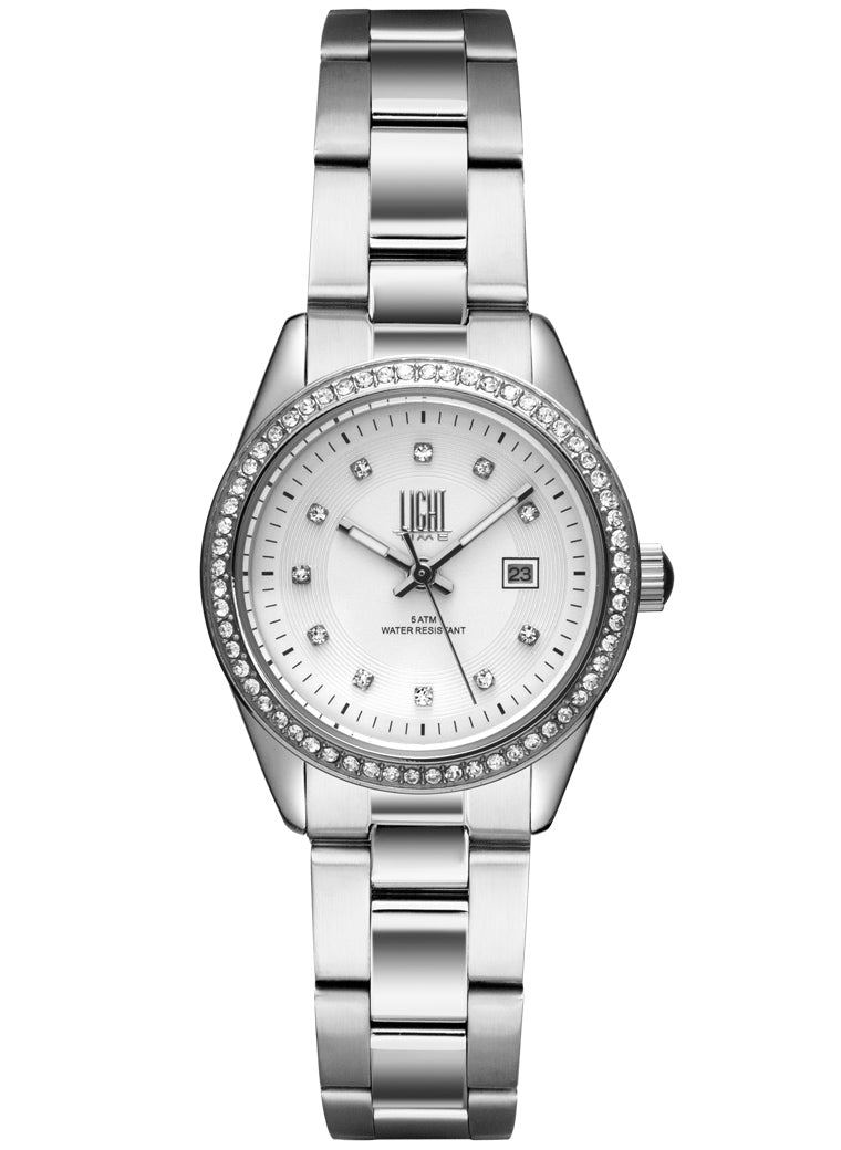 Orologio Light Time Timeless Lady L190S-BI - Quarzo Miyota, cassa e bracciale acciaio, con strass, datario, 31mm, 5ATM, quadrante bianco - Frontale