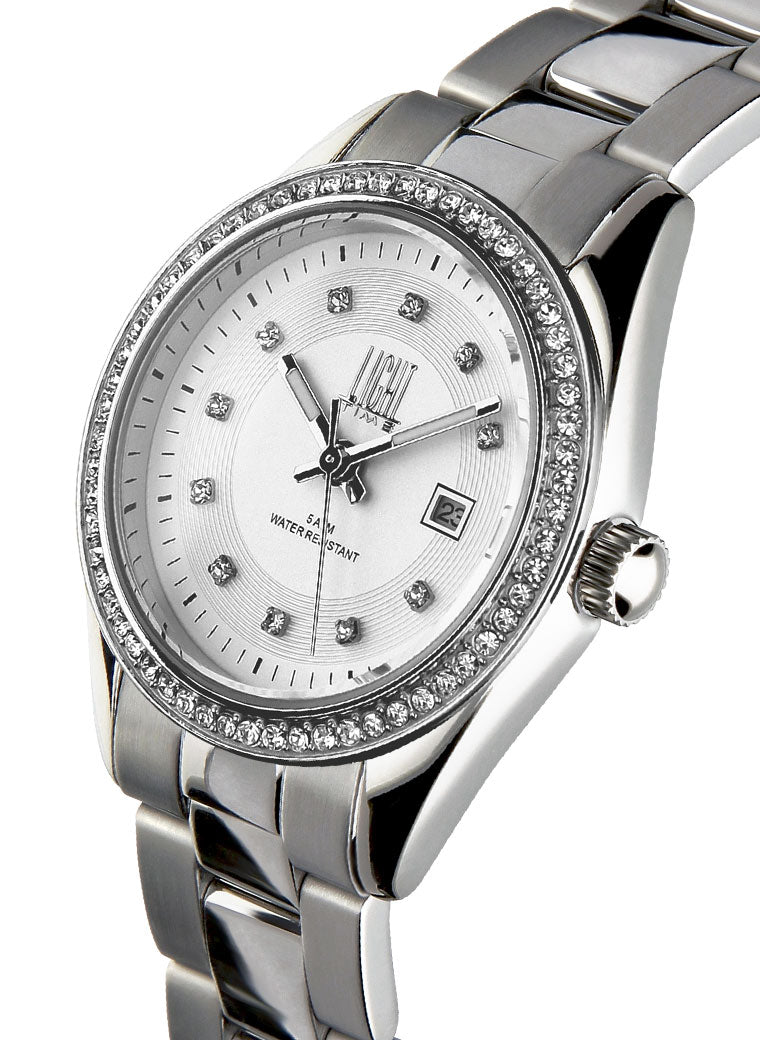 Orologio Light Time Timeless Lady L190S-BI - Quarzo Miyota, cassa e bracciale acciaio, con strass, datario, 31mm, 5ATM, quadrante bianco - Laterale