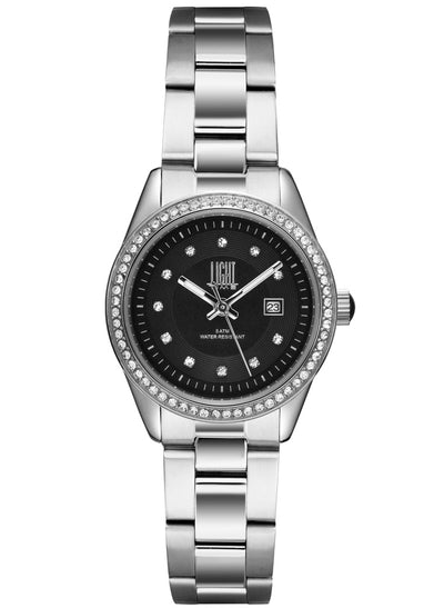 Orologio Light Time Timeless Lady L190S-NE - Quarzo Miyota, cassa e bracciale acciaio, con strass, datario, 31mm, 5ATM, quadrante nero - Frontale