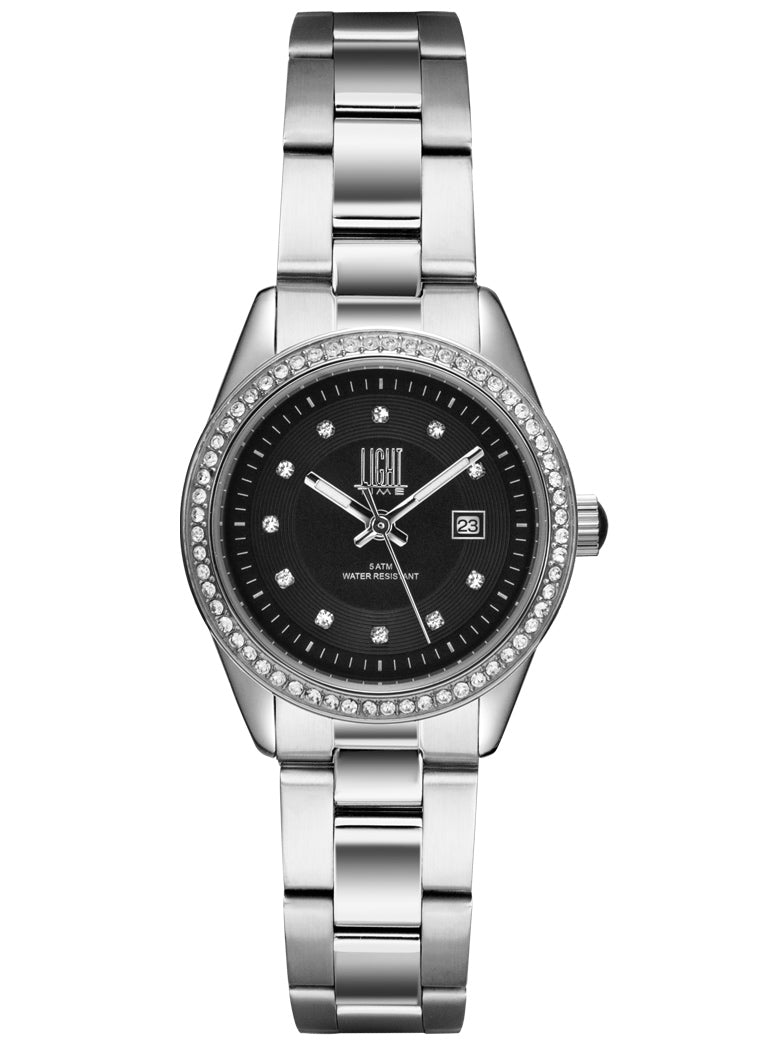 Orologio Light Time Timeless Lady L190S-NE - Quarzo Miyota, cassa e bracciale acciaio, con strass, datario, 31mm, 5ATM, quadrante nero - Frontale