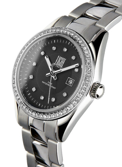 Orologio Light Time Timeless Lady L190S-NE - Quarzo Miyota, cassa e bracciale acciaio, con strass, datario, 31mm, 5ATM, quadrante nero - Laterale