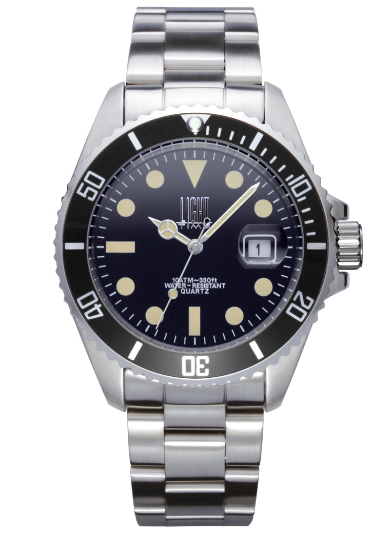 Orologio Light Time Timeless Sport L233-VINT-NE - Sub quarzo Miyota, cassa e bracciale acciaio, quadrante nero con indici vintage, 40mm, 10ATM - Frontale