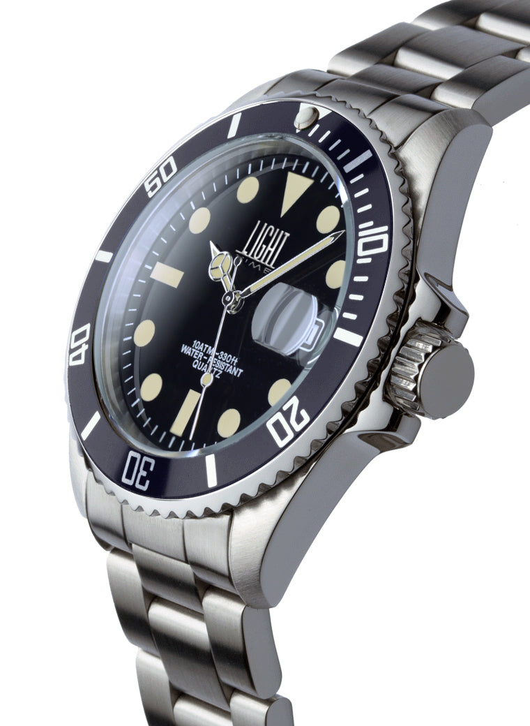 Orologio Light Time Timeless Sport L233-VINT-NE - Sub quarzo Miyota, cassa e bracciale acciaio, quadrante nero con indici vintage, 40mm, 10ATM - Laterale