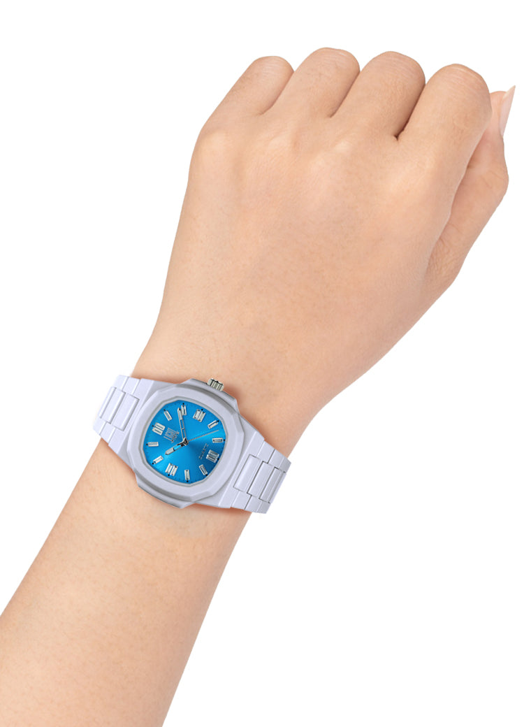 Orologio Light Time Velvet Cristal L513-BI-AZ - Quarzo Miyota, cassa policarbonato bianco, quadrante azzurro con cristalli, 38x42mm - Dettaglio