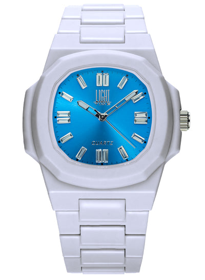 Orologio Light Time Velvet Cristal L513-BI-AZ - Quarzo Miyota, cassa policarbonato bianco, quadrante azzurro con cristalli, 38x42mm - Frontale