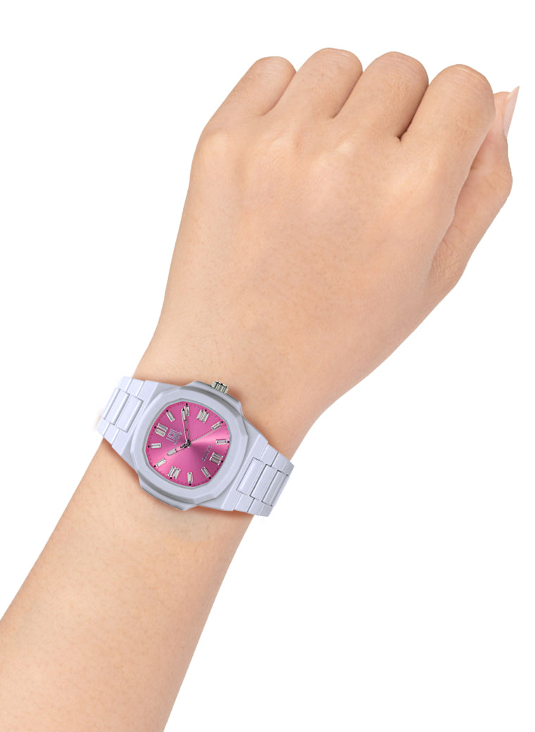 Orologio Light Time Velvet Cristal L513-BI-FU - Quarzo Miyota, cassa policarbonato bianco, quadrante fuxia con cristalli, 38x42mm - Dettaglio