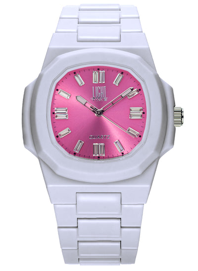 Orologio Light Time Velvet Cristal L513-BI-FU - Quarzo Miyota, cassa policarbonato bianco, quadrante fuxia con cristalli, 38x42mm - Frontale