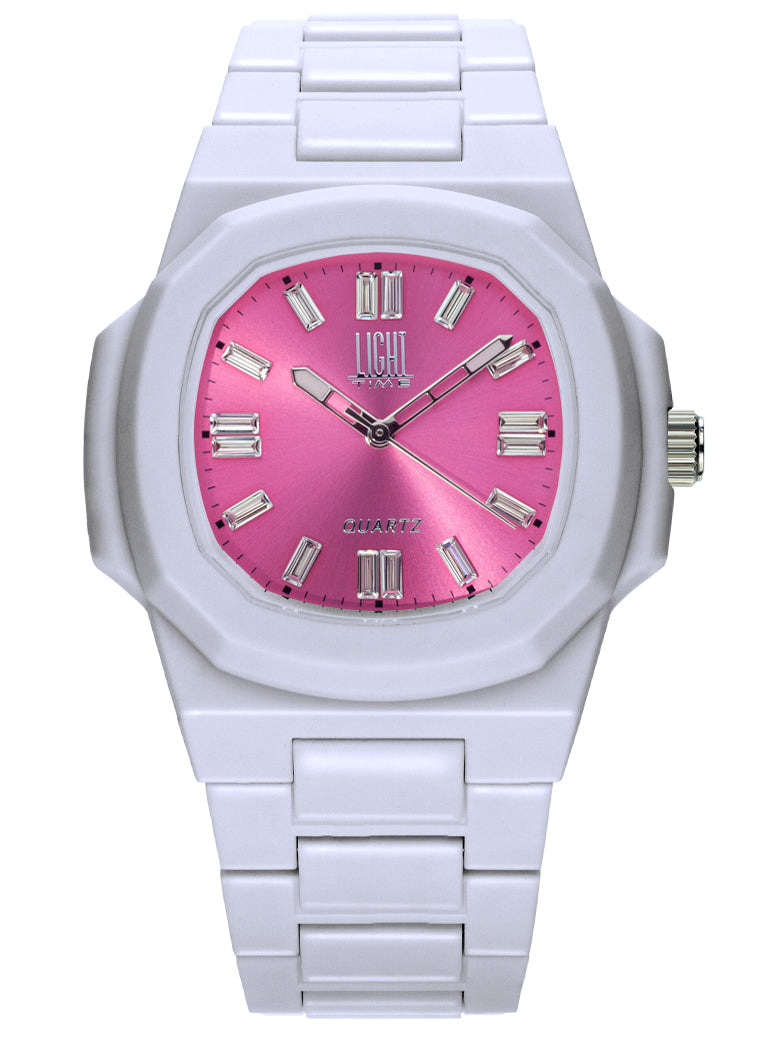Orologio Light Time Velvet Cristal L513-BI-FU - Quarzo Miyota, cassa policarbonato bianco, quadrante fuxia con cristalli, 38x42mm - Frontale