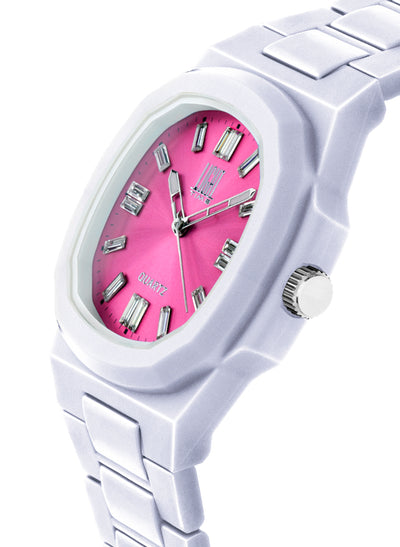 Orologio Light Time Velvet Cristal L513-BI-FU - Quarzo Miyota, cassa policarbonato bianco, quadrante fuxia con cristalli, 38x42mm - Laterale