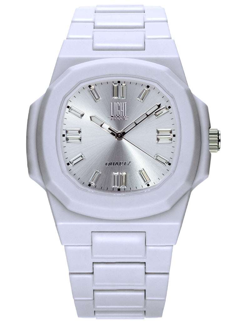 Orologio Light Time Velvet Cristal L513-BI-SIL - Quarzo Miyota, cassa policarbonato bianco, quadrante silver con cristalli, 38x42mm - Frontale