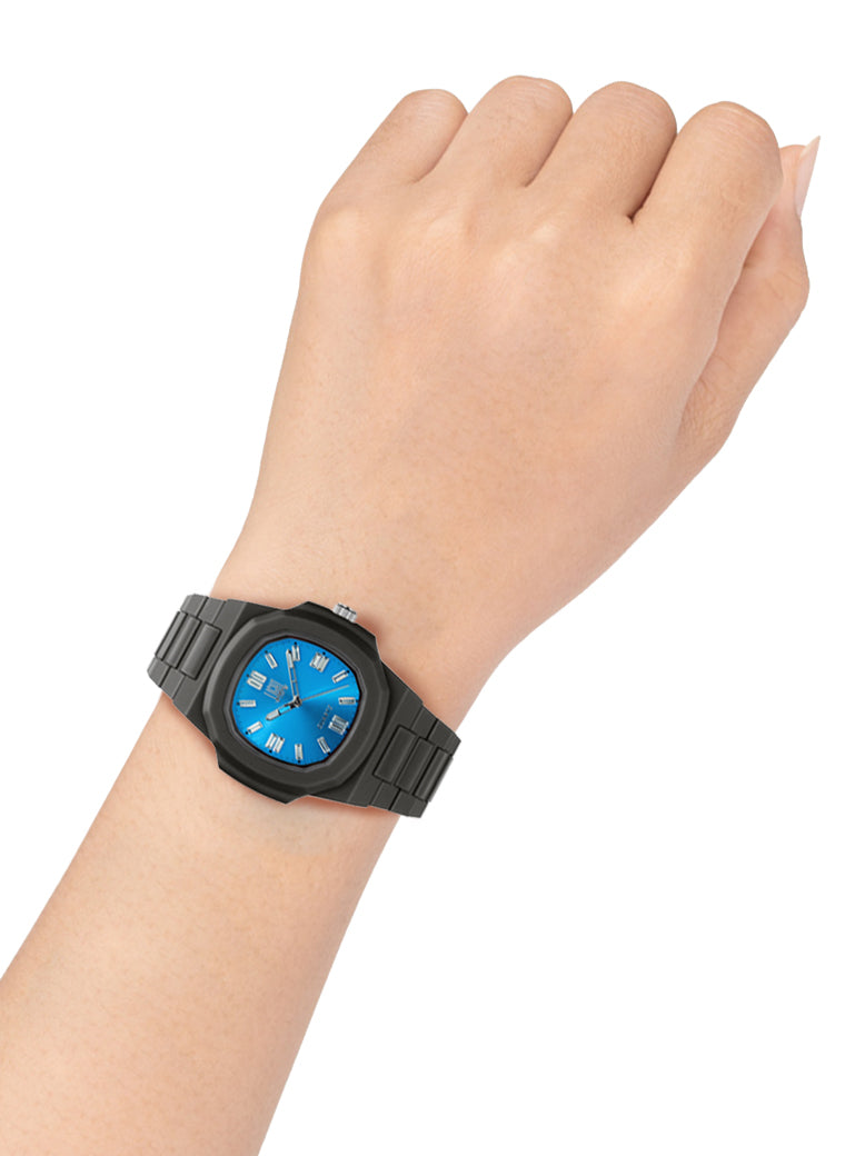 Orologio Light Time Velvet Cristal L513-NE-AZ - Quarzo Miyota, cassa policarbonato nero, quadrante azzurro con cristalli, 38x42mm - Dettaglio