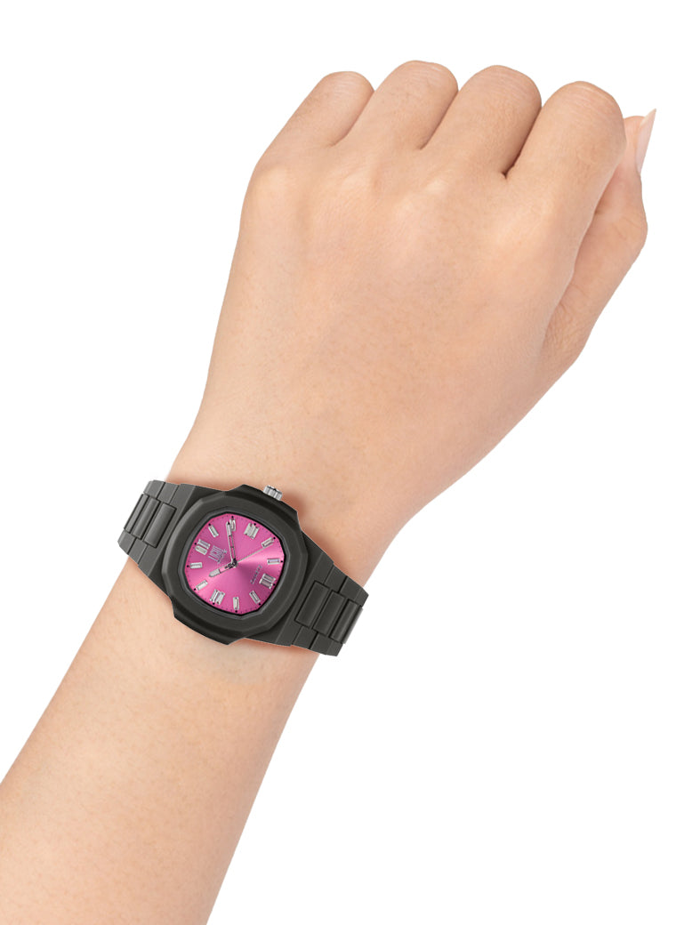 Orologio Light Time Velvet Cristal L513-NE-FU - Quarzo Miyota, cassa policarbonato nero, quadrante fuxia con cristalli, 38x42mm - Dettaglio