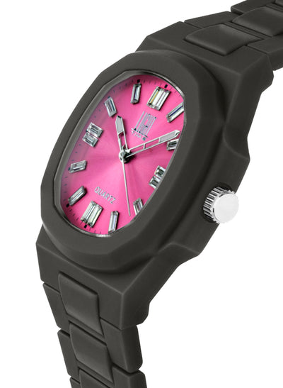 Orologio Light Time Velvet Cristal L513-NE-FU - Quarzo Miyota, cassa policarbonato nero, quadrante fuxia con cristalli, 38x42mm - Laterale