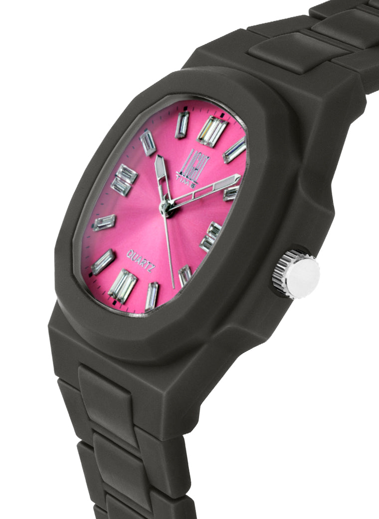 Orologio Light Time Velvet Cristal L513-NE-FU - Quarzo Miyota, cassa policarbonato nero, quadrante fuxia con cristalli, 38x42mm - Laterale
