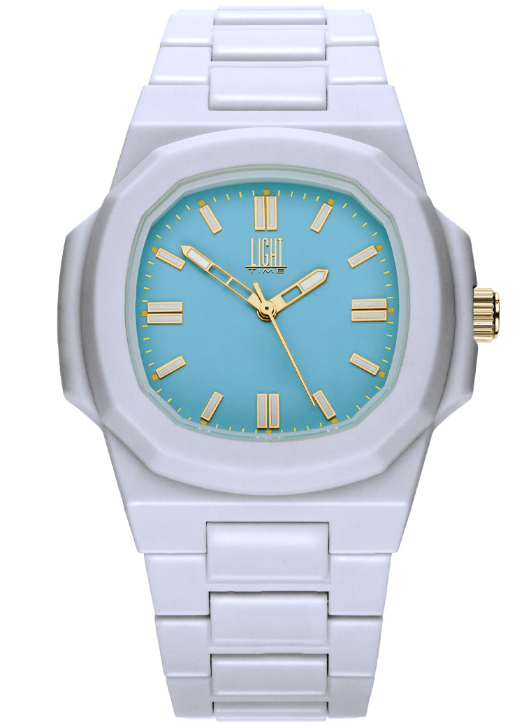 Orologio Light Time Velvet L511-BI-AZ - Quarzo Miyota, cassa policarbonato bianco, quadrante azzurro, 38x42mm - Frontale