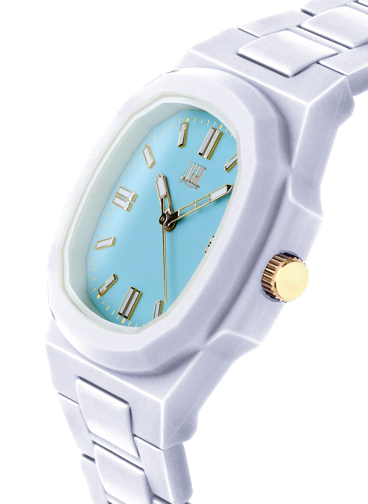 Orologio Light Time Velvet L511-BI-AZ - Quarzo Miyota, cassa policarbonato bianco, quadrante azzurro, 38x42mm - Laterale