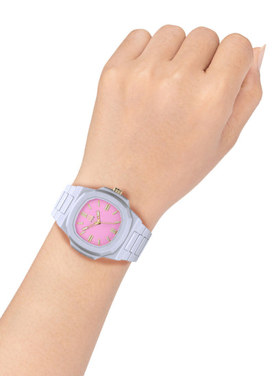 Orologio Light Time Velvet L511-BI-RO - Quarzo Miyota, cassa policarbonato bianco, quadrante rosa, 38x42mm - Dettaglio