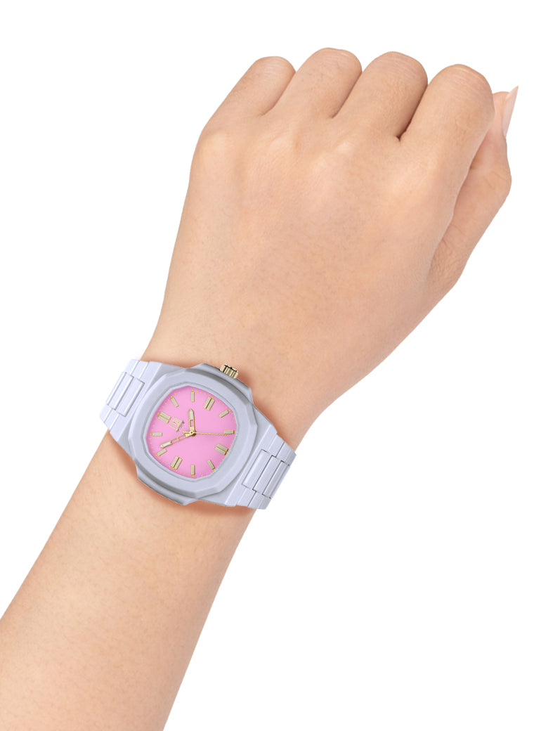 Orologio Light Time Velvet L511-BI-RO - Quarzo Miyota, cassa policarbonato bianco, quadrante rosa, 38x42mm - Dettaglio